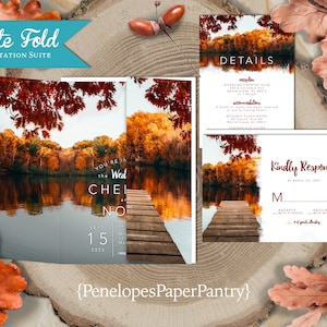 Gatefold Fall Wedding Invitation Personalized Lake Dock Autumn Leaves Burnt Orange Bold Colors Printed Invitations Envelopes Included Unique