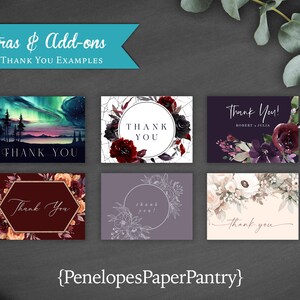 Puede incluir: Seis dise&ntilde;os diferentes de tarjetas de agradecimiento con varios temas florales y de la naturaleza. Las tarjetas presentan diferentes fuentes y dise&ntilde;os, incluyendo una tarjeta con un cielo nocturno estrellado, una tarjeta con un marco geom&eacute;trico y una tarjeta con una corona de flores. El texto en las tarjetas dice "Gracias" y "&iexcl;Gracias!" con algunas tarjetas que incluyen los nombres "Robert & Julia".