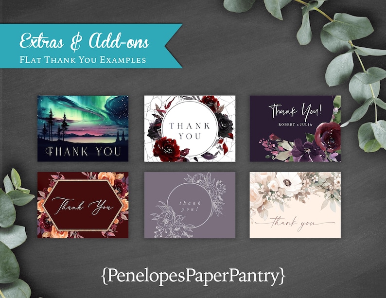 Puede incluir: Seis dise&ntilde;os diferentes de tarjetas de agradecimiento con varios temas florales y de la naturaleza. Las tarjetas presentan diferentes fuentes y dise&ntilde;os, incluyendo una tarjeta con un cielo nocturno estrellado, una tarjeta con un marco geom&eacute;trico y una tarjeta con una corona de flores. El texto en las tarjetas dice "Gracias" y "&iexcl;Gracias!" con algunas tarjetas que incluyen los nombres "Robert & Julia".