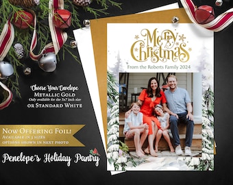 Elegant Rustic,Gold Foil,Christmas Photo Card,Evergreen Trees,Snow,Your Photo,Personalized,Printed Card,Envelopes,FREE Address Printing