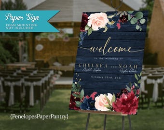 Rustic Fall Wedding Welcome Sign: Navy Barn Wood, Burgundy and Blush Roses, Gold Print, Personalized and Printed