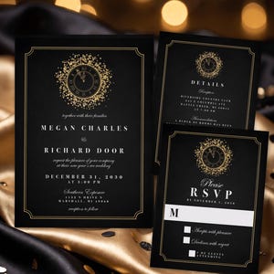 May include: A set of black and gold wedding stationery including an invitation, details card, and RSVP card. Each piece features a clock graphic surrounded by gold confetti, elegant borders, and white text detailing a New Year's Eve wedding.