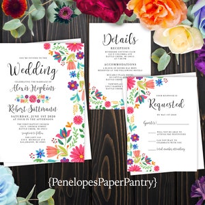 Mexican Floral Wedding Invitation,Floral Mexican Wedding Invite,Petite Bright Flower,Colorful Flower,Personalized,Envelope Included,Printed