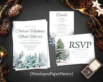 Winter Wedding Invitation,Winter Wedding Invites,Christmas Wedding,Snow Covered,Pine Trees,Calligraphy,Envelope Included,Personalize