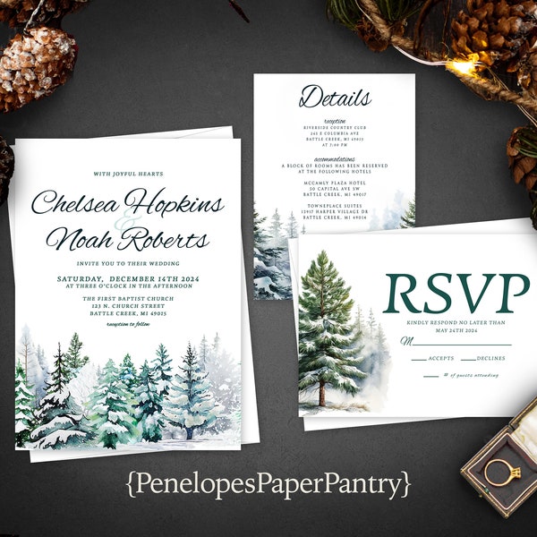 Winter Wedding Invitation,Winter Wedding Invites,Christmas Wedding,Snow Covered,Pine Trees,Calligraphy,Envelope Included,Personalize