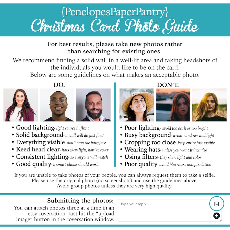 May include: A guide for taking photos for Christmas cards. The guide includes tips on lighting, background, cropping, and using filters. It also includes a text box for typing a reply and an upload button.