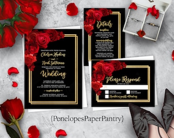 Red Rose Wedding Invitation Suite Gold Frame Elegant Calligraphy Personalized and Printed with Envelopes