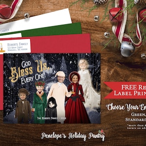 Carte photo de famille Noël Scrooge Ebenezer drôle personnalisée Un chant de Noël minuscule Tim Bob Cratchit cartes imprimées Enveloppes incluses