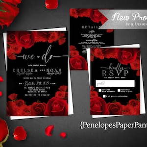 Elegant Red Rose Wedding Invitation,Red Rose Wedding Invite,Personalized,Calligraphy,Silver Foil Print,Silver Heart,We Do,Envelope Included