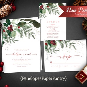 Minimalist Winter Wedding Invitation,Winter Wedding,Christmas Wedding,Calligraphy,Winter Greenery,Red Foil,Red,Green,Personalize,Envelope