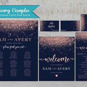 Bling Navy and Rose Gold Wedding Invitation,Navy,Rose Gold,Wedding Invite,Calligraphy,Rose Gold Fairy Dust,Glitter Print,Shimmery Invitation image 3