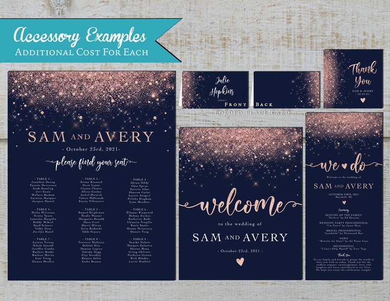 Bling Navy and Rose Gold Wedding Invitation,Navy,Rose Gold,Wedding Invite,Calligraphy,Rose Gold Fairy Dust,Glitter Print,Shimmery Invitation image 3