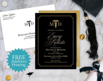Black and Gold Doctor of Medicine Graduation Invitation