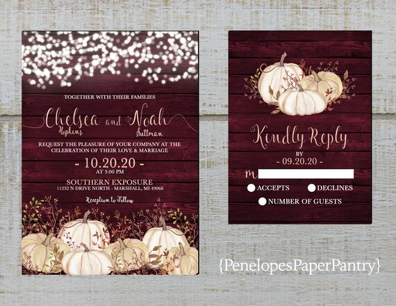 Rustic Fall Wedding Invitation,White Pumpkins,Burgundy Roses,Fairy Lights,Burgundy Barn Wood,Gold Print,Shimmery,Printed Invitation,Envelope