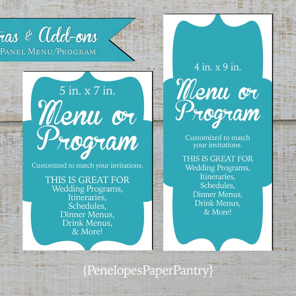 Custom Wedding Programs and or Menus,5x7 or 4x9 Size,Designed to Match,Front Print,Front and Back Print,Matching Paper