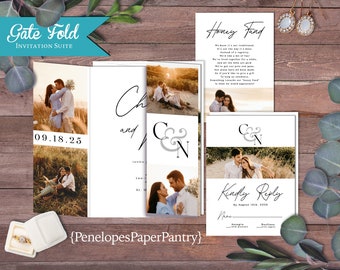 May include: A gate fold wedding invitation suite with a white background and black text. The invitation features a photo of a couple in a field and the text "Gate Fold Invitation Suite" and "09.18.25". The RSVP card features a photo of the couple and the text "Kindly Reply by August 13th, 2026".
