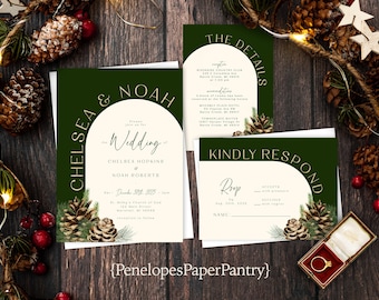 Elegant Winter Wedding Invitation,Winter Wedding Invite,Arch Design,Dark Green,Pine Cones,Calligraphy,Shimmery Invitation,Envelopes Included