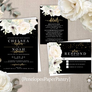 Elegant White Rose Wedding Invitation,White Rose Wedding Invite,Black,Gold Print,Gold Calligraphy,Shimmery Invitation,Envelope Included image 1