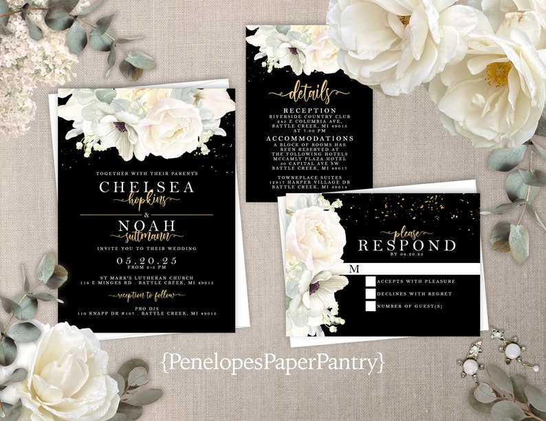 Elegant White Rose Wedding Invitation,White Rose Wedding Invite,Black,Gold Print,Gold Calligraphy,Shimmery Invitation,Envelope Included image 1