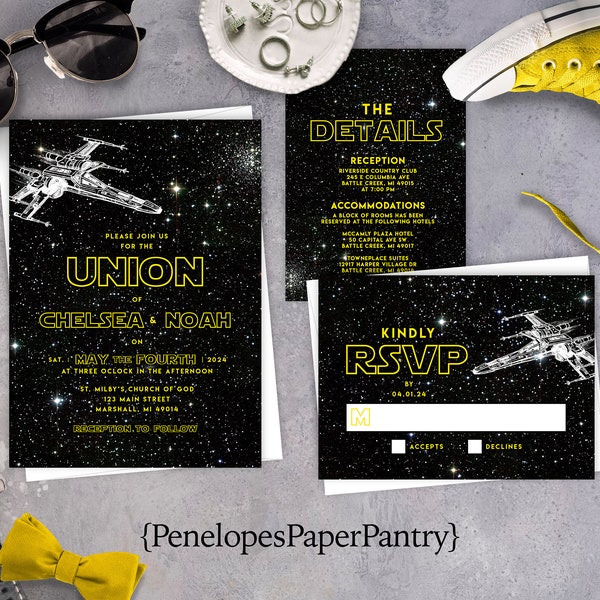 May 4th Wedding Invitation,May 4th Wedding Invite,Galaxy,X Wing Fighter,Personalize,Shimmery,Printed Invitation,Envelope Included