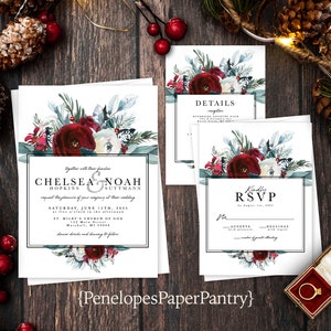 Elegant Christmas Wedding Invitation,Burgundy,Red,White,Roses,Winter Greenery,Calligraphy,Shimmery,Custom,Printed Invitation,Wedding Set