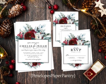 Elegant Christmas Floral Wedding Invitation,Christmas Wedding Invite,Red and Green,Shimmery,Personalize,Printed Invitation,Envelope Included