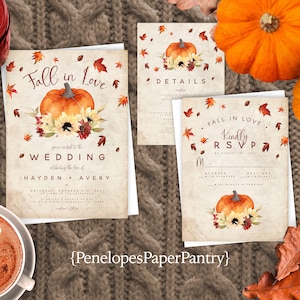 Fall In Love Rustic Fall Wedding Invitation,Orange Pumpkin,Sunflower,Fall Leaves,Burnt Orange,Parchment,Personalize,Printed Invitation