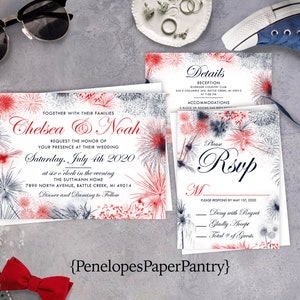 Elegant 4th of July Wedding Invitation Personalized Red White and Blue Firework Patriotic Shimmery Printed Invitation With Envelope Unique