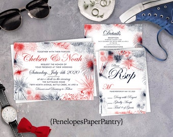 4th of July Wedding Invitation,July 4th Wedding Invite,Red White and Blue,Fireworks,Shimmery Invitation,Personalize,Envelope Included,Custom