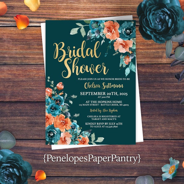 Personalized Bridal Shower Invitation,Bridal Shower Invite,Floral Fall Bridal Shower,Teal and Orange Rose,Shimmery Invite,Envelope Included