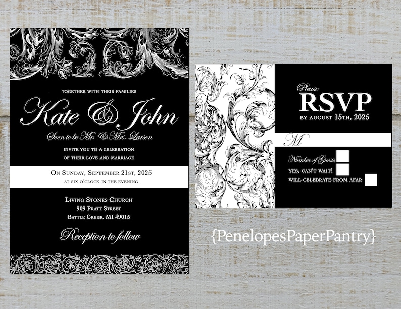 Elegant Black and White Wedding Invitation,Black,White,Calligraphy,Scrolls,Flourishes,Shimmery,Personalize,Printed Invitation,Wedding Set