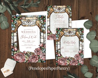 Acrylic Swan Stained Glass Wedding Invitation Suite,Blush Roses, Personalized and Printed
