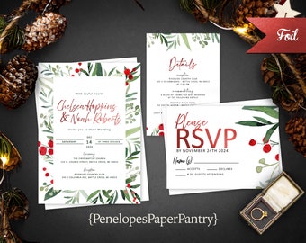 Elegant Winter Wedding Invitation,Personalized,Christmas Wedding Invite,Mistletoe,Red Foil,Calligraphy,Printed Invitation,Envelope Included