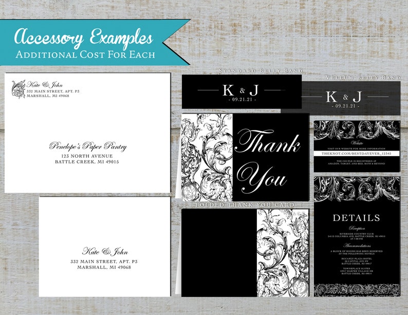 Elegant Black and White Wedding Invitation,Black,White,Calligraphy,Scrolls,Flourishes,Shimmery,Personalize,Printed Invitation,Wedding Set