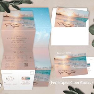 Carte postale RSVP recto-verso à trois volets pour faire-part de mariage imprimé plage romantique, coeur dans le sable, coeur dans le sable scintillant