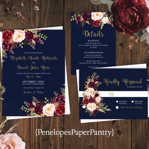 Romantic Navy Fall Wedding Invitation,Navy Blue,Burgundy,Marsala,Blush,Roses,Gold Print,Shimmery,Elegant,Printed Invitation,Wedding Set image 1
