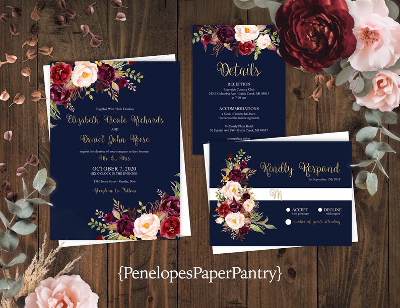 Romantic Navy Fall Wedding Invitation,Navy Blue,Burgundy,Marsala,Blush,Roses,Gold Print,Shimmery,Elegant,Printed Invitation,Wedding Set image 1