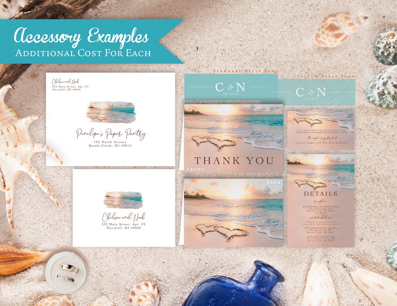 Beach Wedding Invitation,Beach Theme Wedding Invitation,Destination Wedding,Hawaii Wedding,Hearts in the Sand,Sunset,Shimmery Invitation image 2