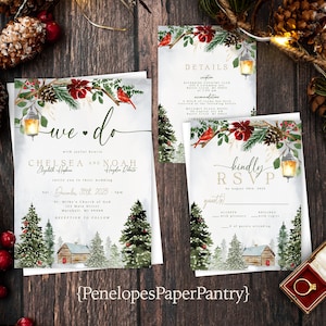 Rustic Winter Wedding Invitation Personalized Log Cabin Evergreen Forest Snow Red Cardinal Calligraphy Printed Invitations With Envelopes