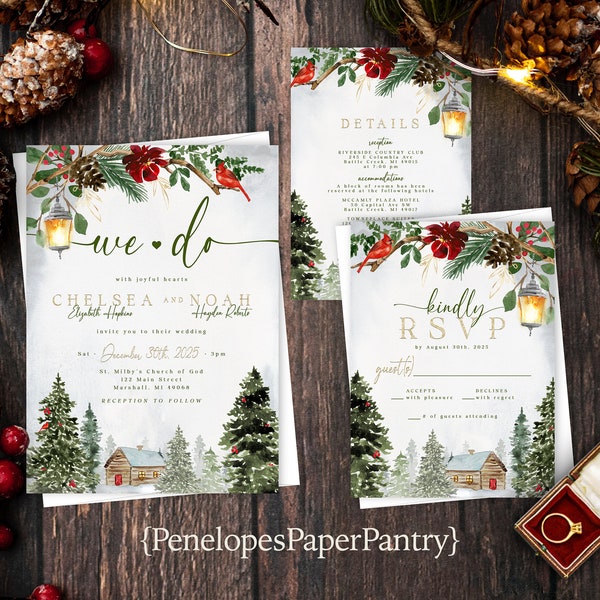 Rustic Winter Wedding Invitation Winter Wedding Invite Evergreen Trees Log Cabin Snow Red Cardinal Calligraphy Shimmery Personalize Envelope