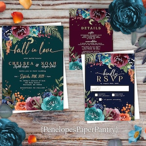 Teal Wedding Invitation,Teal Wedding Invite,Fall Wedding Invite,Fall In Love,Navy Blue,Plum,Jewel Tones,Calligraphy,Gold Print,Shimmery,5x7