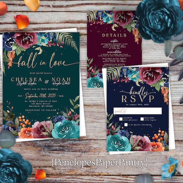 Teal Wedding Invitation,Teal Wedding Invite,Fall Wedding Invite,Fall In Love,Navy Blue,Plum,Jewel Tones,Calligraphy,Gold Print,Shimmery,5x7