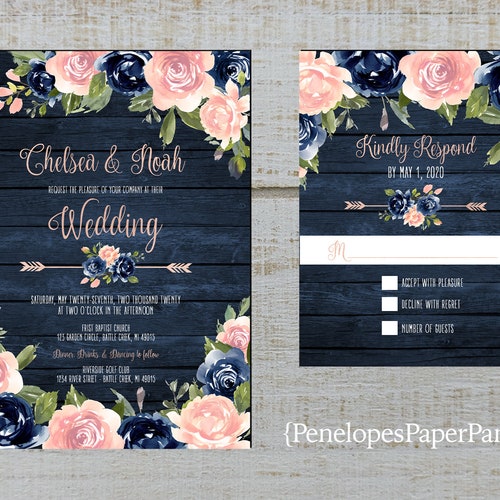 Navy Blue and Blush Wedding Invitation Set 100 Editable Etsy