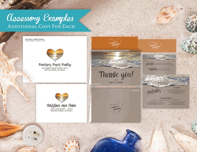 Sunset Beach Wedding Invitation,Beach Wedding Invitation,Romantic,Heart in the Sand,Destination Wedding,Tropical Wedding,Envelope Included image 2