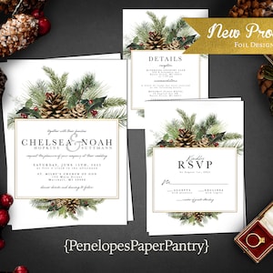 Personalized,Elegant,Rustic,Winter Wedding Invitation,Winter Wedding Invite,Gold Foil,Pine Cone,Pine Branch,Printed Invite,Envelope Included