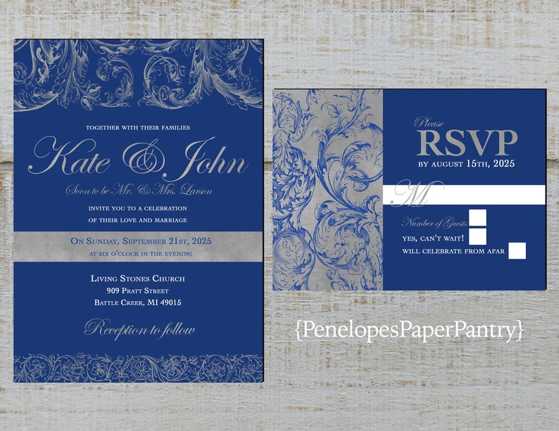 Elegant Royal and Silver Wedding Invitation,Royal Blue,Silver,Shimmery,Calligraphy,Traditional,Printed Invitation,Wedding Set,Envelope