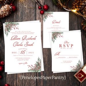 Elegant Christmas Wedding Invitation,Christmas Wedding Invite,Green,Red,Calligraphy,Personalized,Shimmery Invitation,Envelopes Included