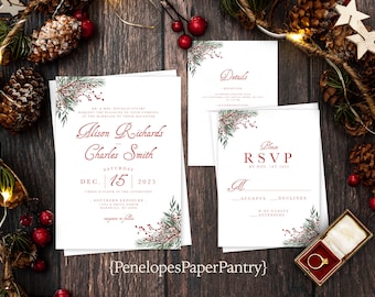 Christmas Wedding Invitation Suite: Winter Greenery, Red Calligraphy, Personalized and Printed