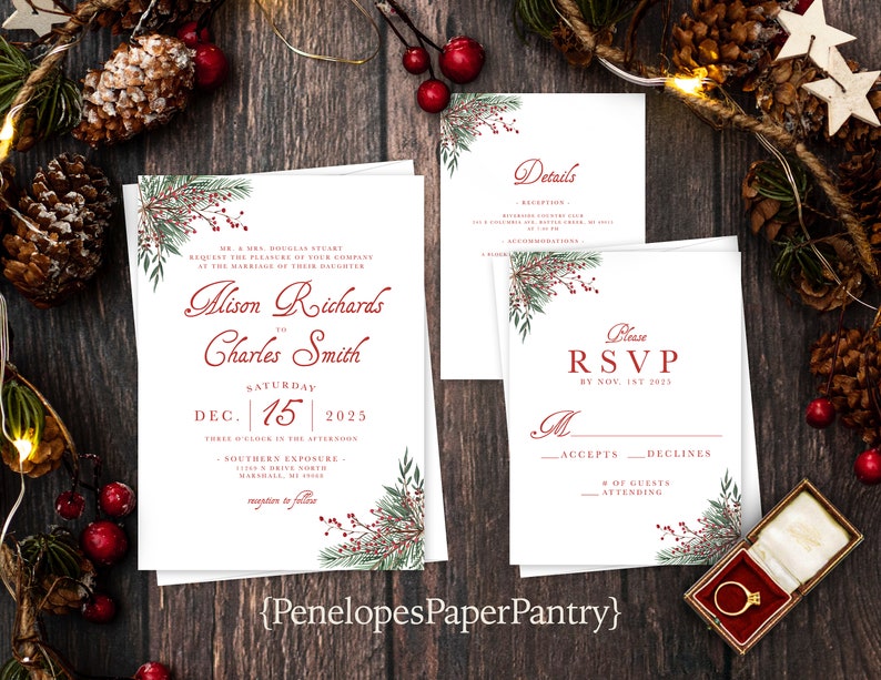 Elegant Christmas Wedding Invitation,Christmas Wedding Invite,Green,Red,Calligraphy,Personalized,Shimmery Invitation,Envelopes Included image 1