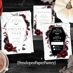 Elegant Gothic Halloween Wedding Invitation Personalized Casket Spider Web Blood Red Roses Custom Text Printed Invitations Envelope Included